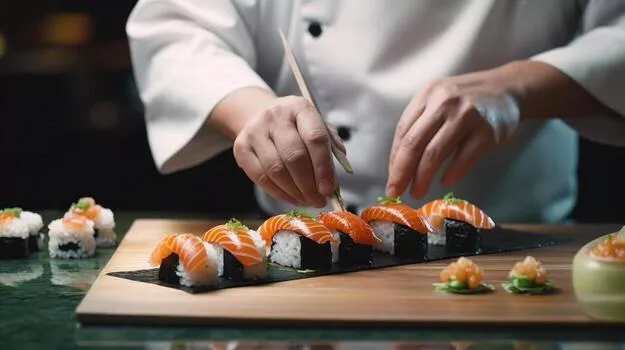 Close-up of a chef meticulously preparing fresh ingredients